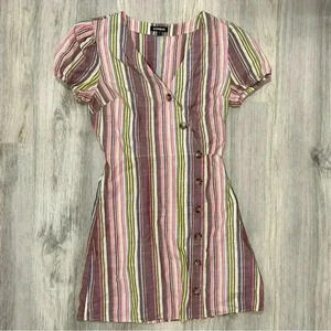 Express Short Sleeve Mini Dress Striped Button Front V-Neck 100% Cotton Size S